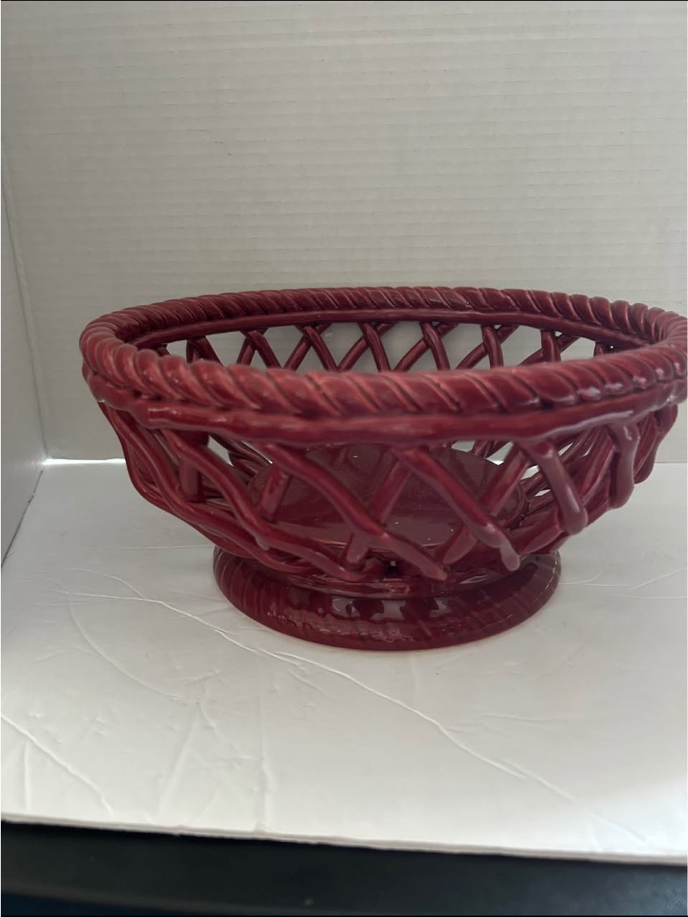 Red Ceramic Woven-Style Decorative Bowl